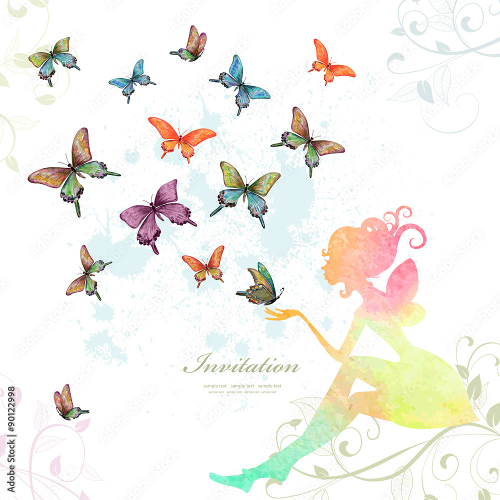 Naklejka premium greeting card with fairy with butterflies. watercolor painting.