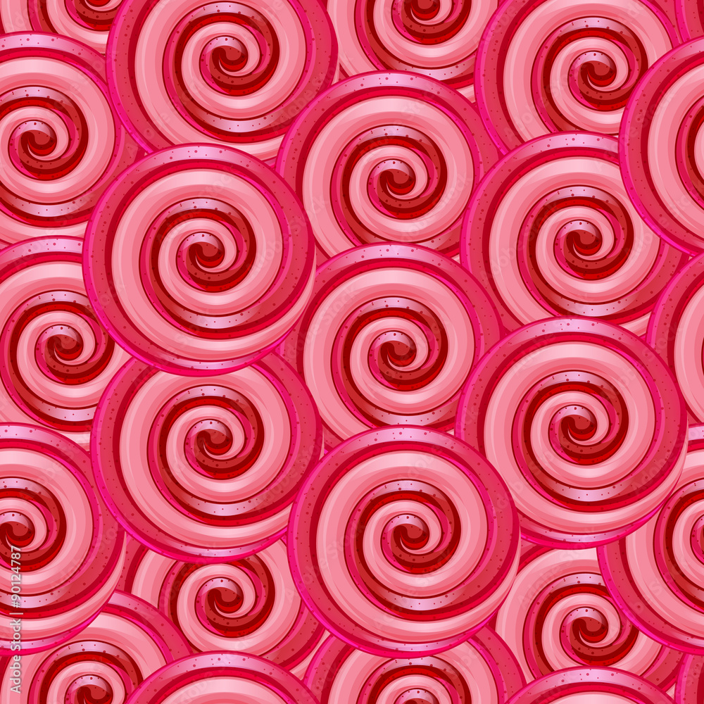Red and pink big lollipop spiral candies seamless background.