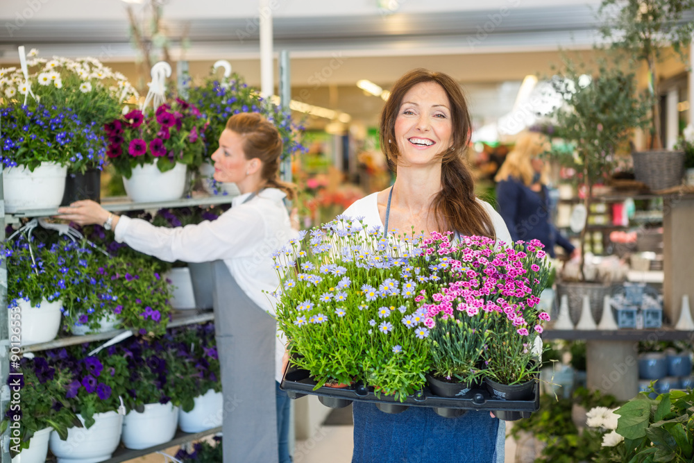 Smiling Florist Carrying Crate Full Of Flower Plants In Shop