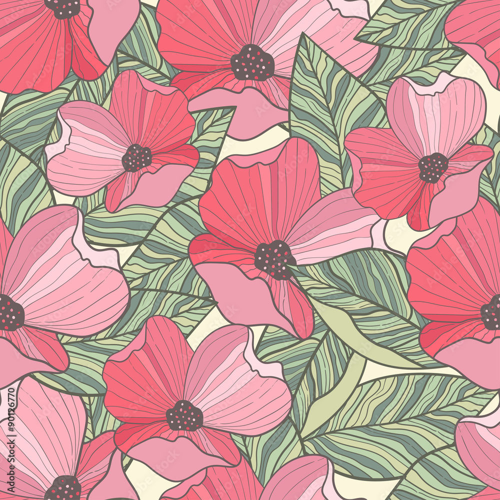 Seamless poppy pattern with leafs. Hand drawn floral background