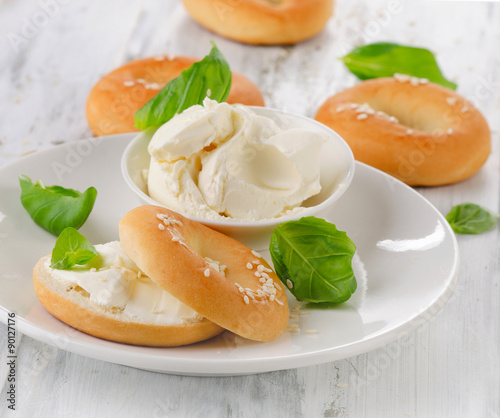 Fresh bagels with cream cheese