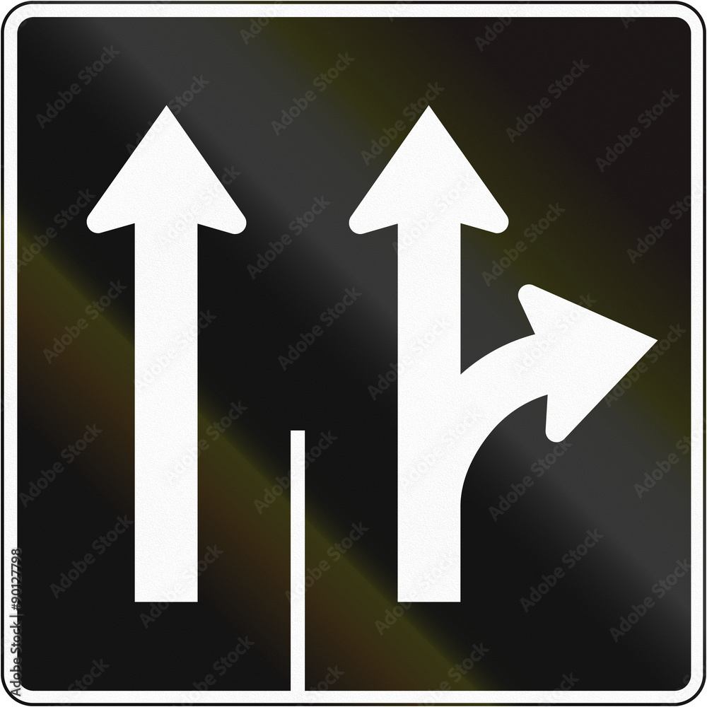 Lane management sign in Canada - Two lanes straight and right. This sign is used in Quebec Lane management sign in Canada - Two lanes straight and right. This sign is used in Quebec