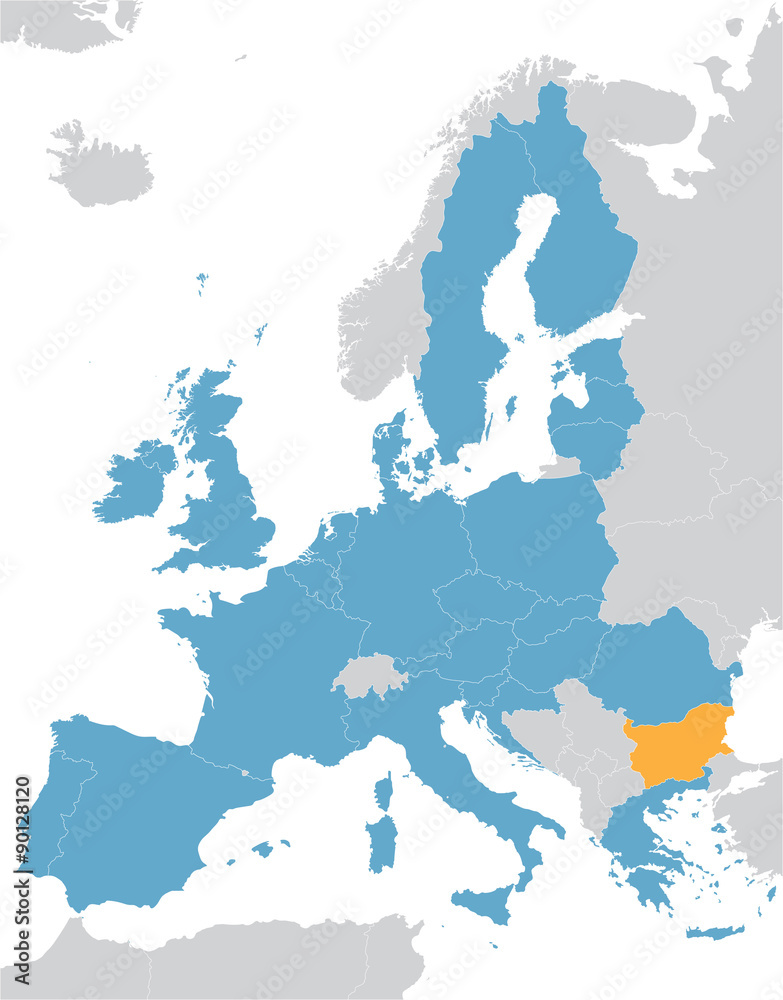 Obraz premium Europe and European Union map with indication of Bulgaria