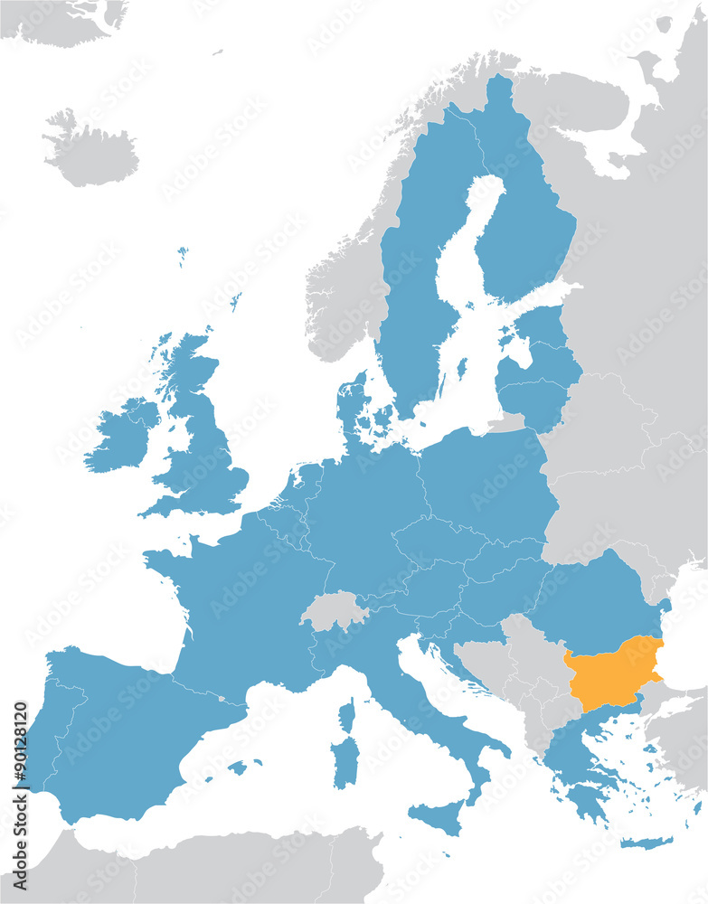 Naklejka premium Europe and European Union map with indication of Bulgaria