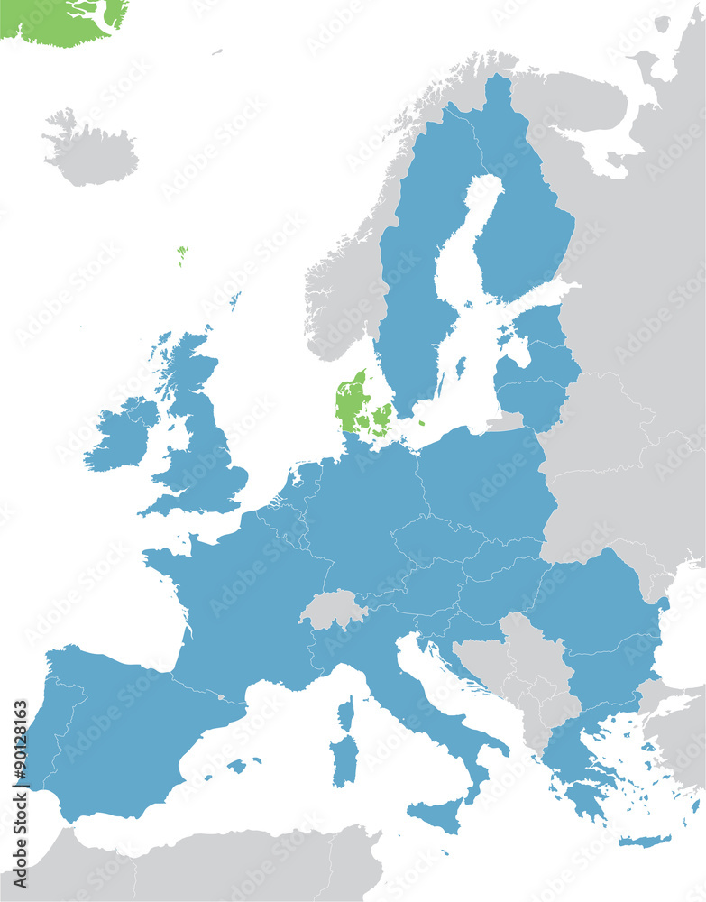 Obraz premium Europe and European Union map with indication of Denmark