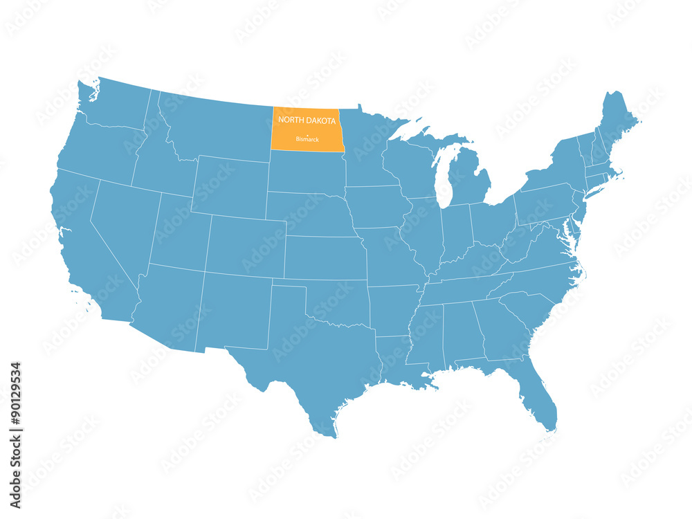 Fototapeta premium blue vector map of United States with indication of North Dakota