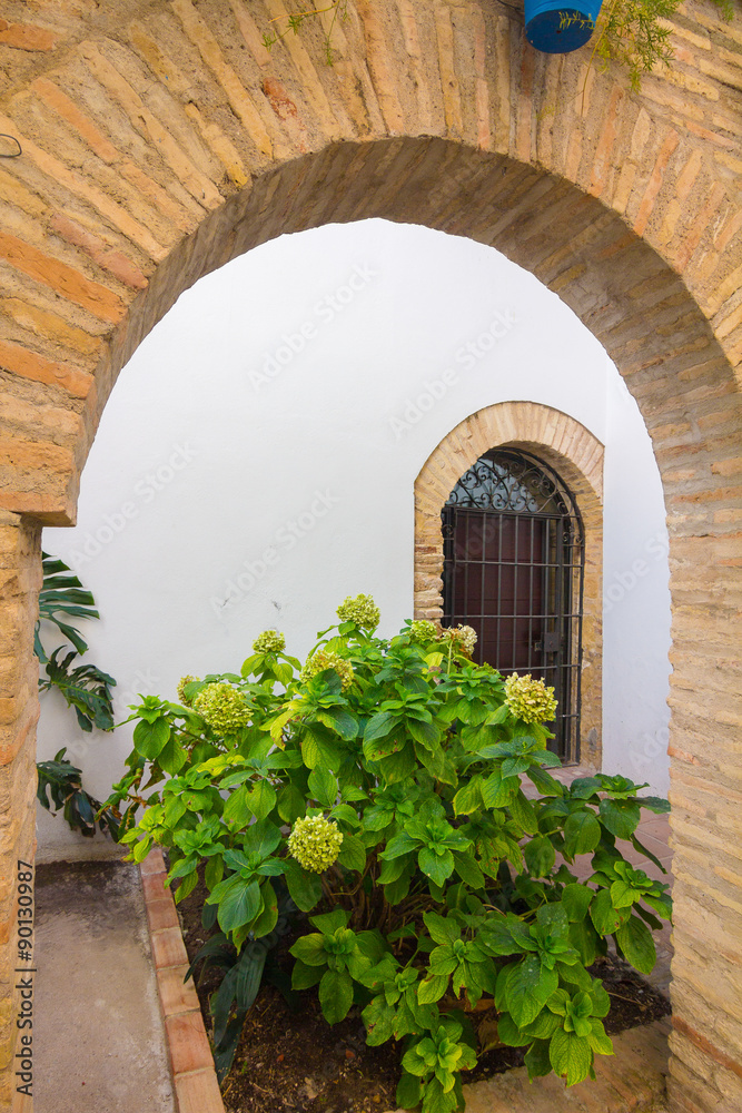 typical Andalusian courtyard decorated with flowers arches and cordoba spain