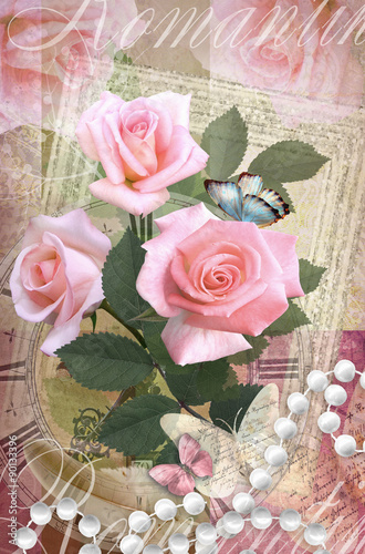 Postcard flower. Romantic beautiful congratulations card design with roses, butterflies and pearl necklace. Can be used as greeting card, invitation for wedding, birthday and other holiday happening.