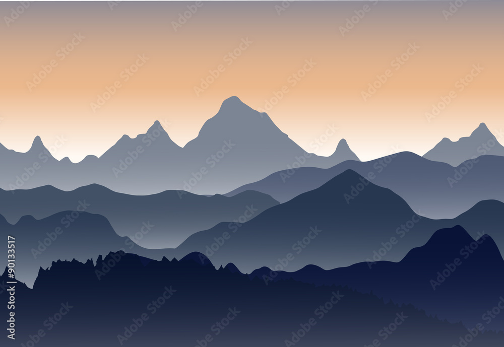 Beautiful sunset in the mountains. Vector landscape.