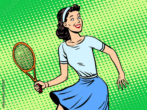 Young woman playing tennis retro style pop art