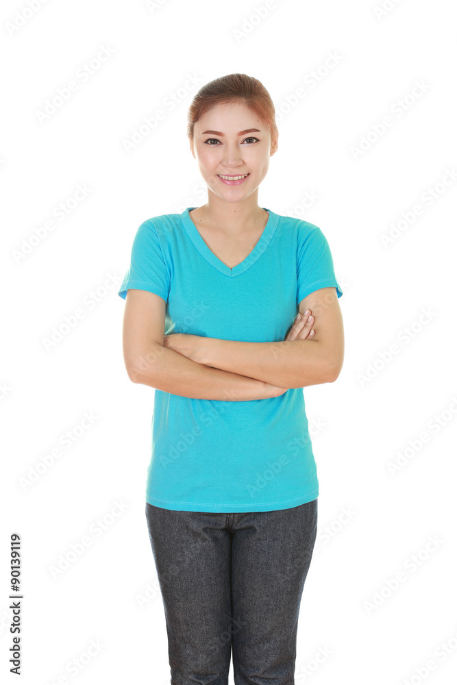woman with arms crossed, wearing t-shirt woman with arms crossed, wearing t-shirt