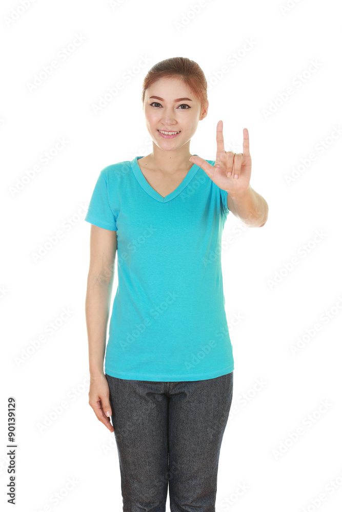 woman in t-shirt with hand sign I love you