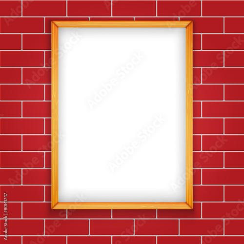 Vector Illustration Wooden Blank Picrute On Brick Wall Seamless Background. 