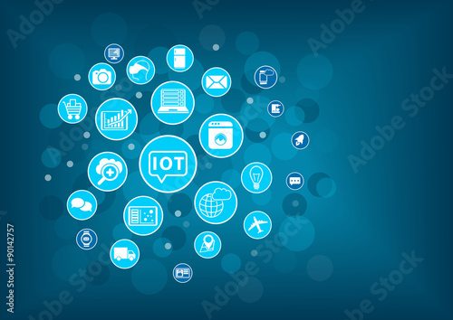 IOT internet of things concept. Blurred background with icons of connected objects and devices.