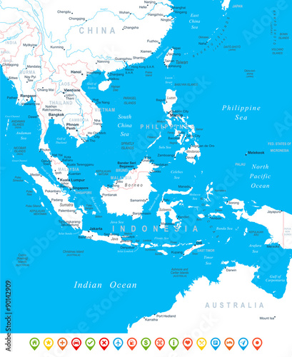 Southeast Asia - map, navigation icons - illustration. Southeast Asia map - highly detailed vector illustration.