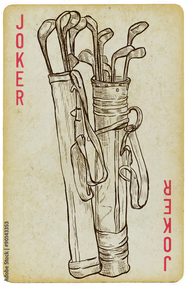 Playing Card, Joker Golf Clubs, Bag. Freehand drawing Stock Vector