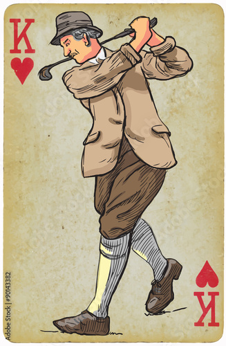 Playing Card, King - Vintage Golfer, an Man. Freehand drawing.