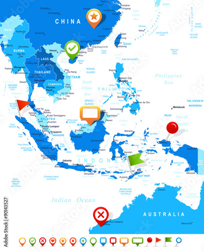 Southeast Asia - map and navigation icons - illustration. Image contains land contours, country and land names, city names, water object names, navigation icons.
