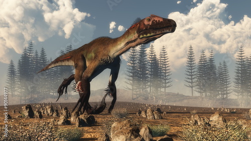 Utahraptor dinosaur in the desert - 3D render photo