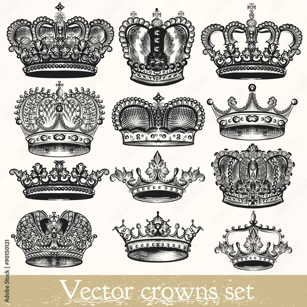 Set of vector hand drawn crowns in vintage style