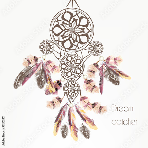 Vector background with dream catcher from colorful feathers