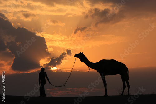 Silhouetted person with a camel at sunset, Thar desert near Jais © donyanedomam