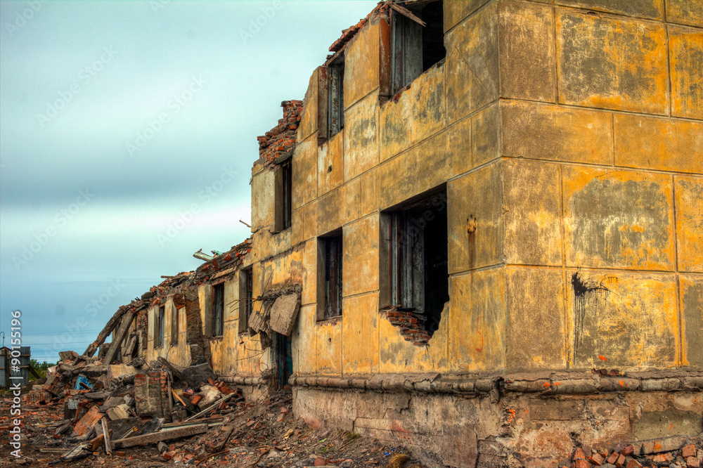 Ruins.Destroyed buildings.Debris and dust Ruins.Destroyed buildings.Debris and dust