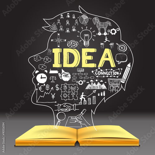 Business doodles in human head shape on opened notebook with the big letters IDEA with dark background.