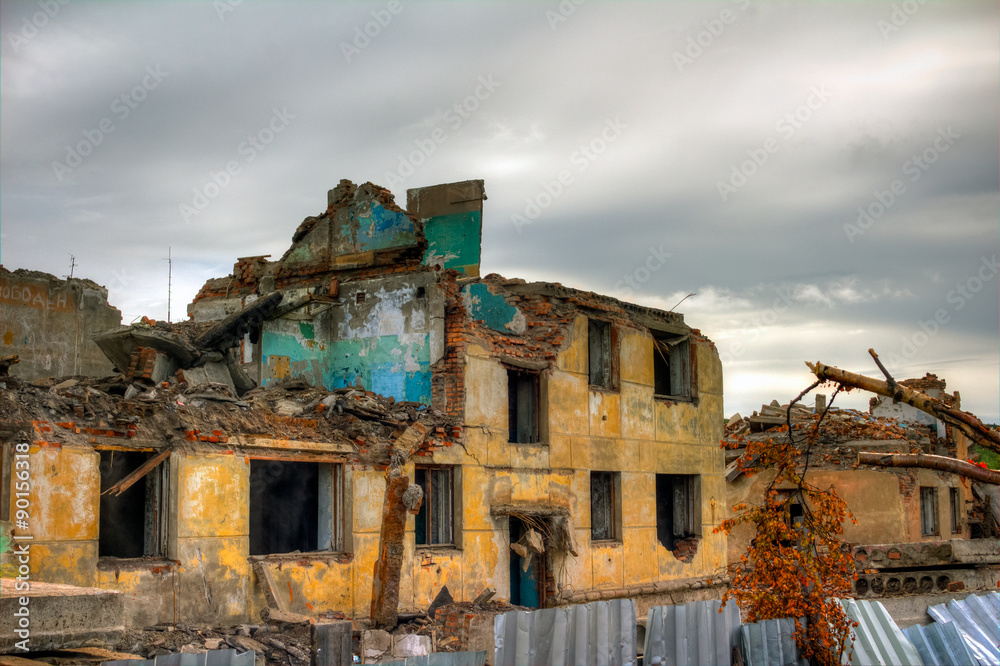 Ruins.Destroyed buildings.Debris and dust Ruins.Destroyed buildings.Debris and dust