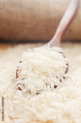Rice, White rice in wooden spoon with hemp