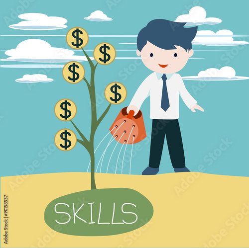 Cute businessman watering the skill tree in order to grow his incomes.