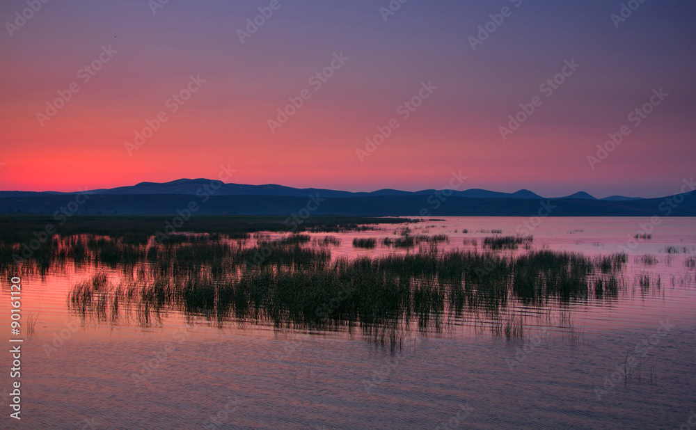 Beautiful and quiet lake at sunrise