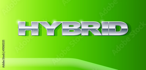 Silver letters Hybrid on metallic glossy surface.