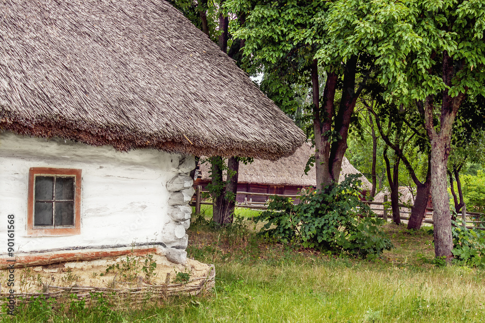 landscape clay and wooden hut thatched Ukrainian landscape clay and wooden hut thatched Ukrainian
