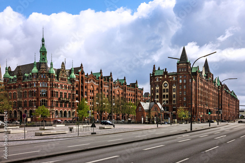Hamburg street, old port buildings, Germany
