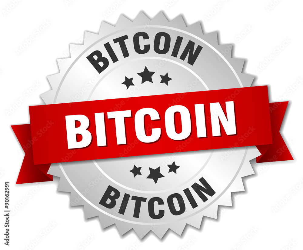 bitcoin 3d silver badge with red ribbon