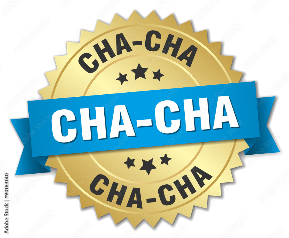 cha-cha 3d gold badge with blue ribbon