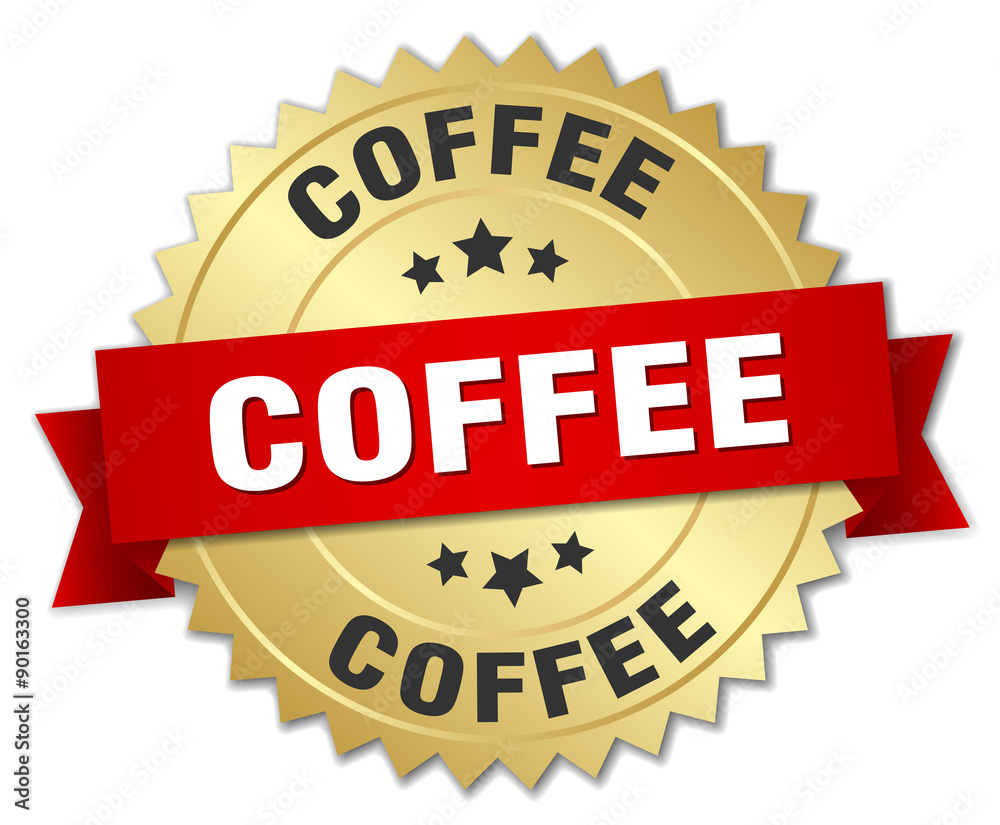 coffee 3d gold badge with red ribbon