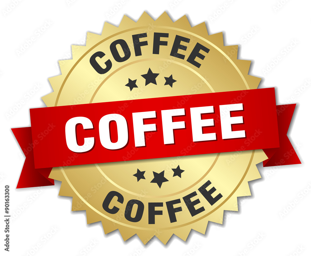 coffee 3d gold badge with red ribbon coffee 3d gold badge with red ribbon