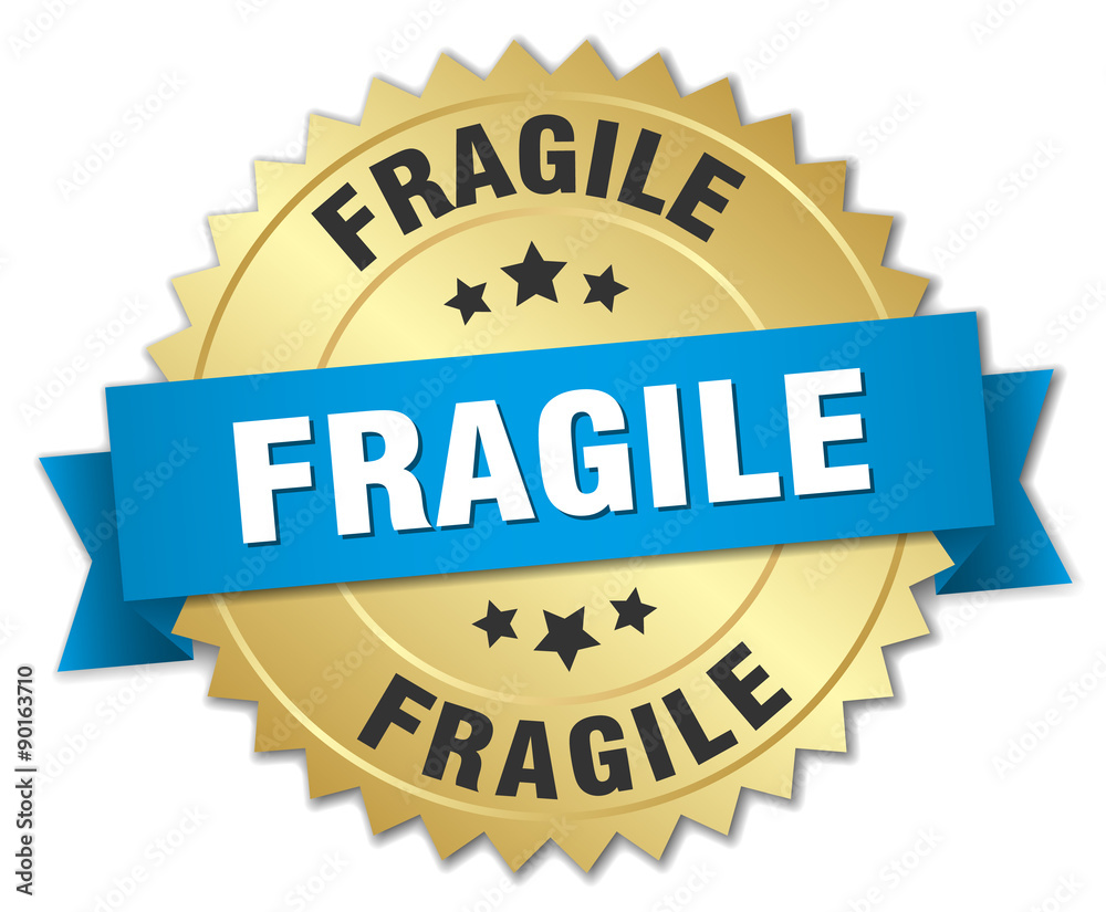 fragile 3d gold badge with blue ribbon