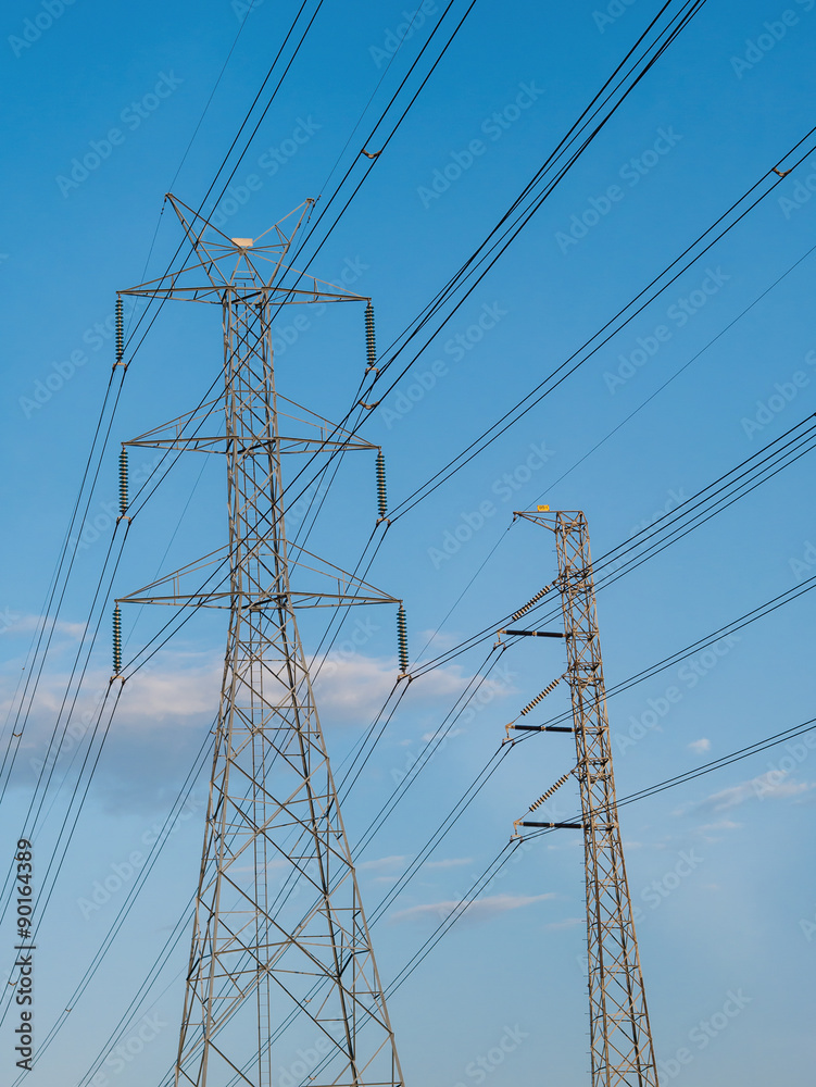 Two High voltage transmission lines installed on steel structure