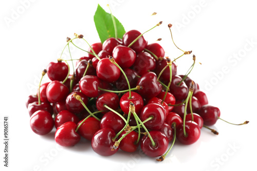Pile of fresh cherries isolated on white
