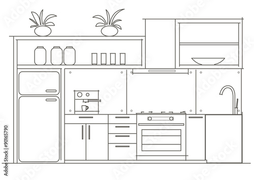 Architectural linear sketch interior small kitchen front view