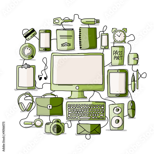 Set of digital office devices. Sketch for your design
