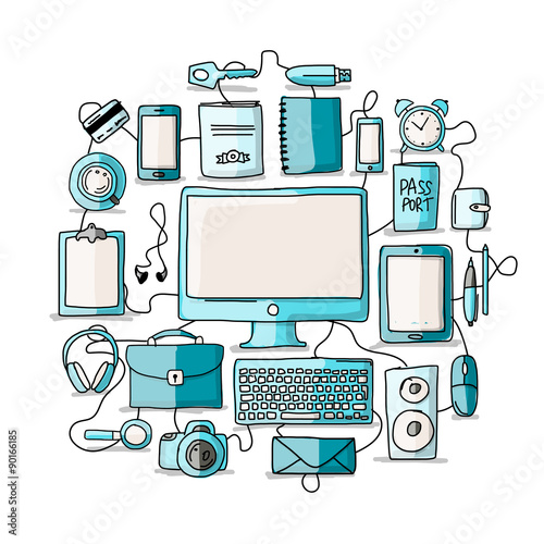 Set of digital office devices. Sketch for your design