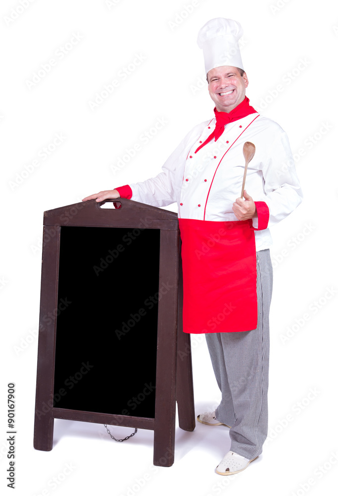happy chef standing with an blank menu happy chef standing with an blank menu