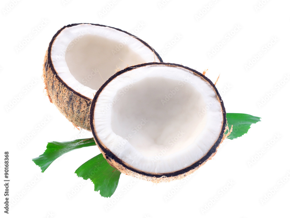 Coconuts with leaves on a white background Coconuts with leaves on a white background