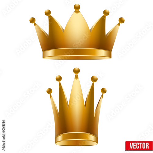 Set of Gold classic royal Crowns. King and Queen. Vector