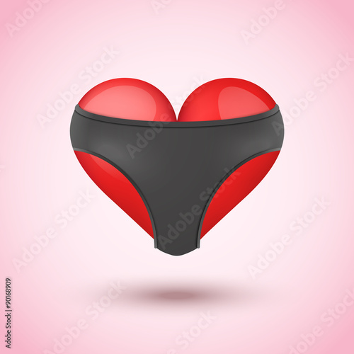 Red heart in black leather briefs