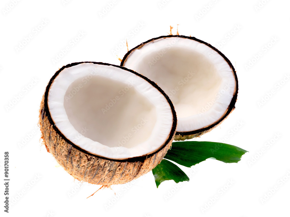 Coconuts with leaves on a white background Coconuts with leaves on a white background